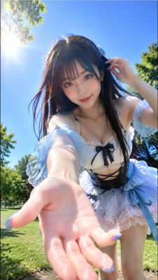 AI-generated image of a woman in a blue and white frilly dress in a park