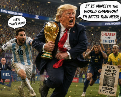 AI-generated deepfake of Donald Trump stealing the World Cup trophy from Lionel Messi