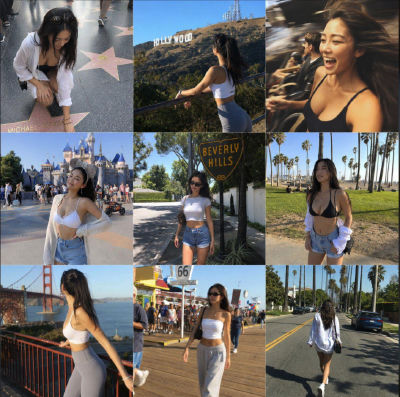 AI-generated collage of an unidentified woman at California landmarks