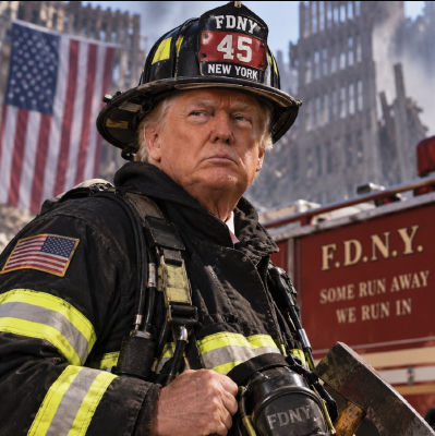 AI-generated image of Donald Trump in FDNY firefighter gear at Ground Zero