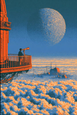 AI-generated pixel-art tower scene with giant moon and telescope