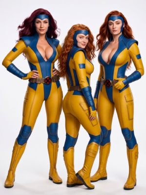 AI-generated image of Famke Janssen and Sophie Turner in X-Men Jean Grey costumes
