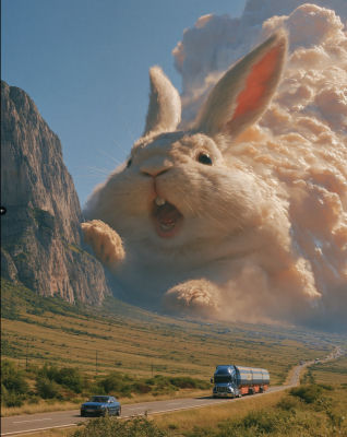 AI-generated image of a giant rabbit emerging from clouds above a road
