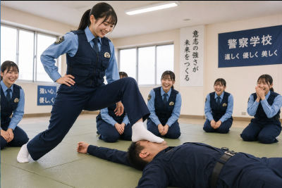 AI-generated image of women in a Japanese police academy training scene
