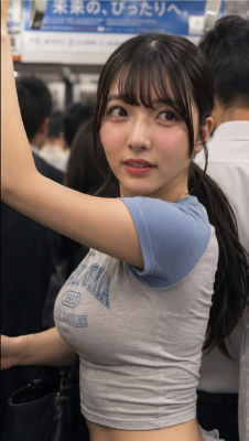 AI-generated image of a woman on a Japanese commuter train