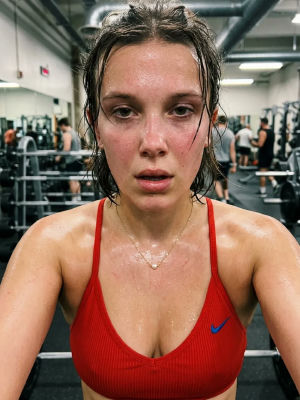 AI-generated image of Millie Bobby Brown at the gym