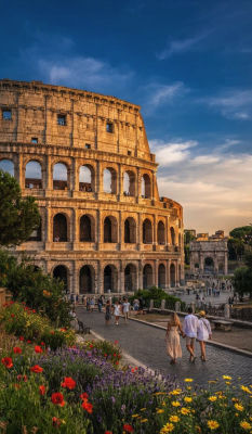 AI-generated image of the Roman Colosseum at sunset with tourists
