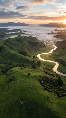 AI-generated aerial landscape of green hills and a winding river at sunset