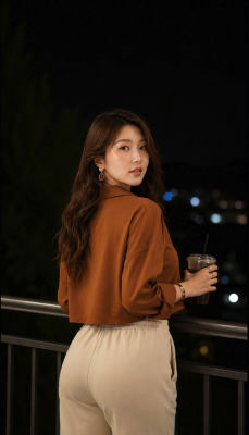 AI-generated image of a woman holding an iced coffee on a balcony at night