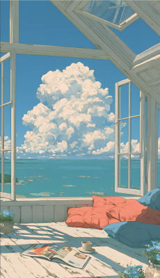 AI-generated anime-style illustration of a coastal sunroom with ocean view
