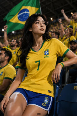 AI-generated image of a woman in a Brazil #7 jersey at a football match