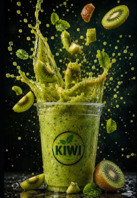 AI-generated 'KIWI' branded green smoothie splash advertisement