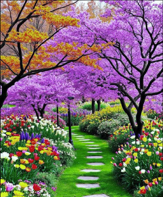 AI-generated image of a vibrant garden path lined with tulips and blossoming trees