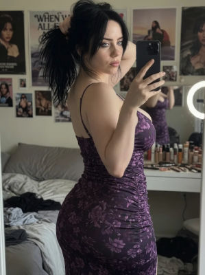 Deepfake mirror selfie of Billie Eilish in a purple floral dress