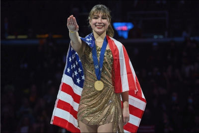 Reported AI-generated image of Alyssa Lui draped in U.S. flag with gold medal