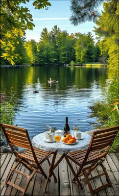 AI-generated lakeside picnic scene with wine and ducks
