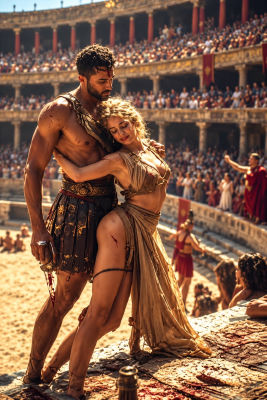 AI-generated fake movie poster of a gladiator and woman in a Roman arena