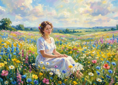 AI-generated impressionist-style painting of a woman in a wildflower meadow