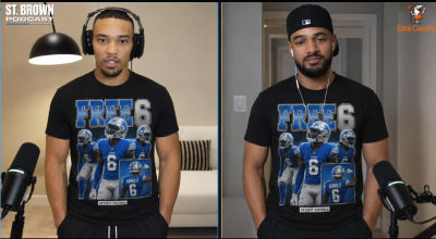 Amon-Ra and Equanimeous St. Brown on the St. Brown Podcast Wearing "FREE 6" T-Shirts