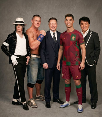 AI-generated group portrait of Michael Jackson, John Cena, Elon Musk, Cristiano Ronaldo, and Jackie Chan