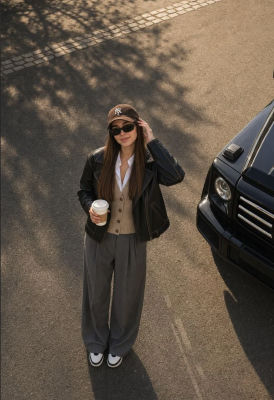 AI-generated image of a woman in street fashion holding a coffee cup