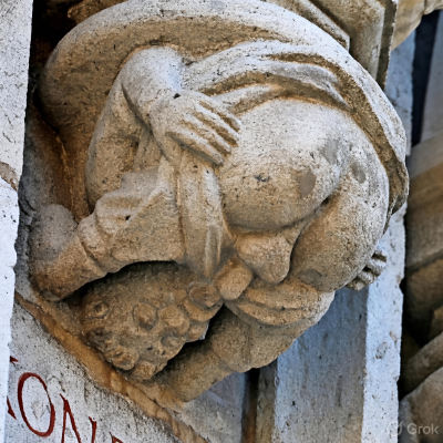 AI-generated image of a weathered stone carved grotesque on a building exterior (Grok)