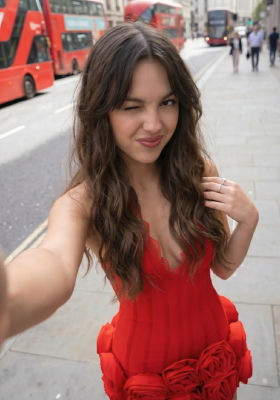 AI-generated image of Olivia Rodrigo in a red dress on a London street