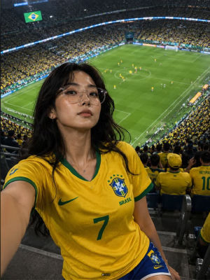 AI-generated selfie of a woman in a Brazil national team jersey at a stadium