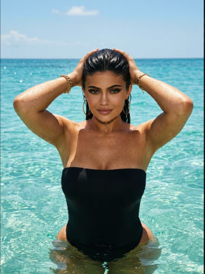 Deepfake of Kylie Jenner in a black swimsuit in the ocean