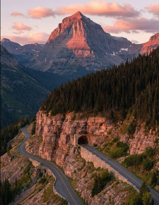 AI-generated mountain landscape with tunnel road at sunset
