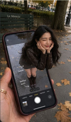 AI-generated image a woman styled as a smartphone camera preview in Paris