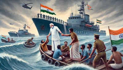 AI-generated image of Narendra Modi and Pawan Kalyan aboard a small boat amid Indian naval ships