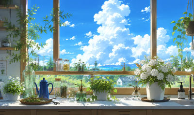 AI-generated anime-style illustration of a kitchen windowsill garden with plants and a cloudy sky