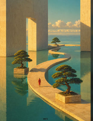 AI-generated scene of a robed figure on a winding stone path between reflective pools
