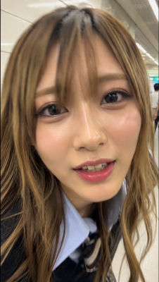 AI-generated selfie of a young woman in a school uniform in a transit station