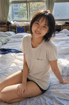 AI-generated image of a young woman seated on a bed