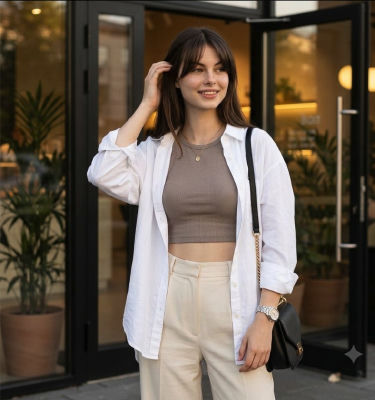 AI-generated image of a woman outside a storefront