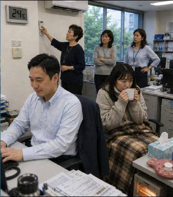 AI-generated image of Yoshiharu Habu, Han Kang, Kim Hye-ja, Song Ok-sook, and Asako Hoshino in an office