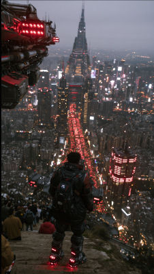 AI-generated cyberpunk cityscape with a figure overlooking a futuristic metropolis
