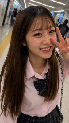 AI-generated image of an unidentified woman making a peace sign at a subway station