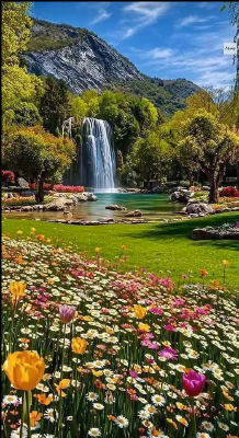 AI-generated scenic landscape with waterfall and wildflower meadow