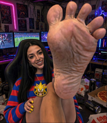 AI-generated image of an unidentified streamer posed with a foot in a gaming setup