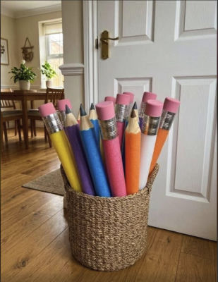 AI-generated image of giant colored pencils in a basket