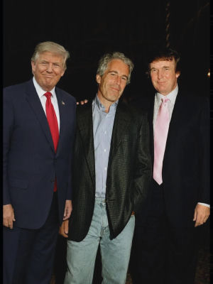 Deepfake of Donald Trump, Jeffrey Epstein, and a second Trump likeness posing together at an event