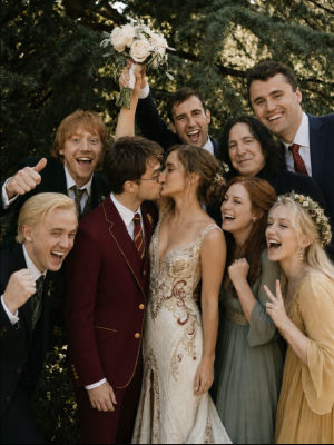 AI-generated wedding photo depicting likenesses of Harry Potter cast including Rupert Grint, Tom Felton, and Bonnie Wright