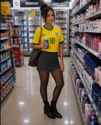 AI-generated image of a woman in a Brazil soccer jersey inside a convenience store