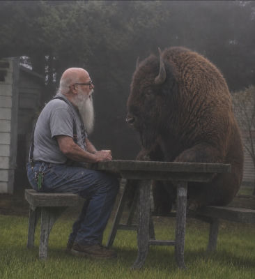 AI-generated image of a man sharing a picnic table with a bison