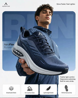 AI-generated image resembling Manu Ríos promoting AeroFlex Runner shoes