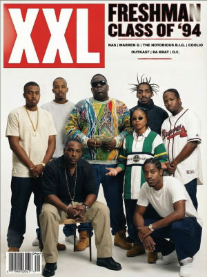 AI-generated XXL 'Freshman Class of '94' magazine cover featuring Nas, The Notorious B.I.G., Warren G, Coolio, André 3000, and Big Boi