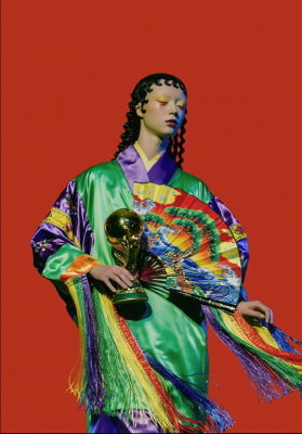 AI-generated image of a Maiko-styled figure with the FIFA World Cup trophy